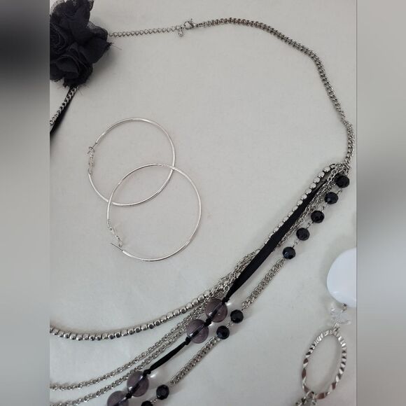 5 Piece Jewelry Bundle Black Silver Diamonds Kitschy Flapper 50s Gatsby Hoop - Picture 8 of 12